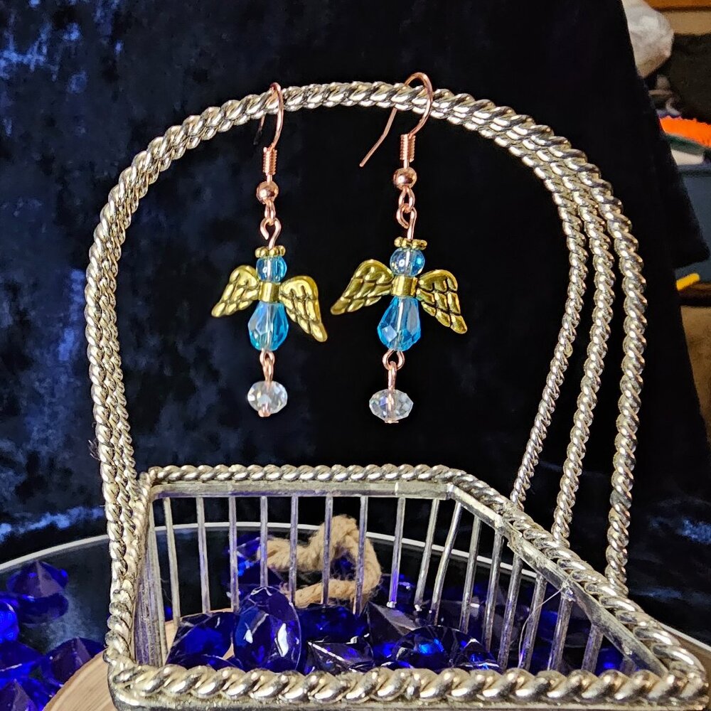 Light Blue Beaded Golden Angel Dangle Earrings